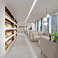 Modern Office Interior Design With Reception White Furniture Green Plants Pendant Lights And City View