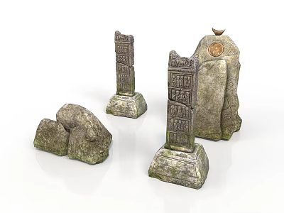 Ancient Stone Carved Steles With Detailed Inscriptions And Weathered Texture 3d model