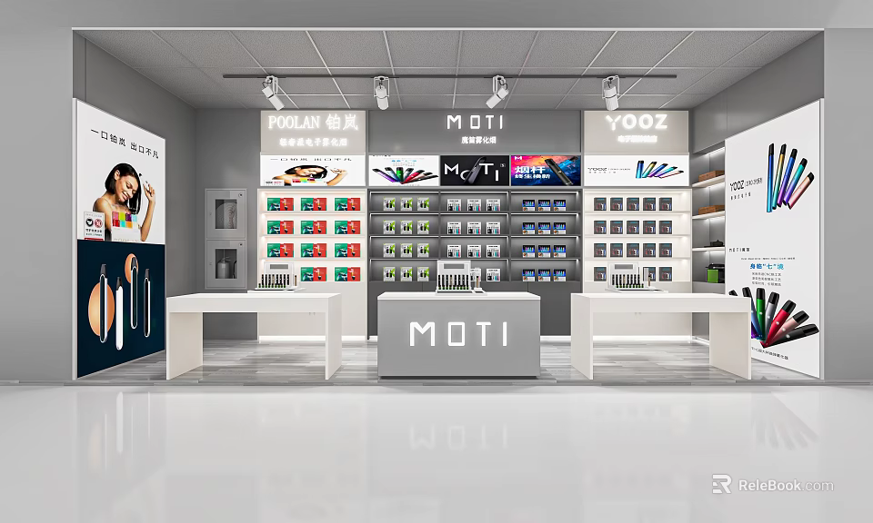 Modern MOTI Vape Store Interior Featuring Colorful Products And Display Shelves 3d model 
