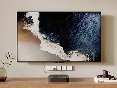 Wall Mounted TV Displaying Ocean Waves In Living Room With Soundbar Potted Plant And Books 3d model