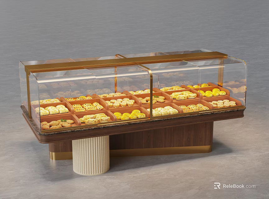 Showcase Shelf With Transparent Glass Cover Displaying Various Pastries In Divided Compartments On Wooden Base 3d model 