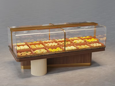 Showcase Shelf With Transparent Glass Cover Displaying Various Pastries In Divided Compartments On Wooden Base 3d model