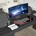 Modern Desktop Computer Setup With Curved Monitor Keyboard Mouse And Speakers On Dark Desk