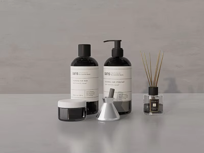 Modern Bathroom Accessories Including Hand Soap Lotion Bottles Candle Jar And Reed Diffuser 3d model