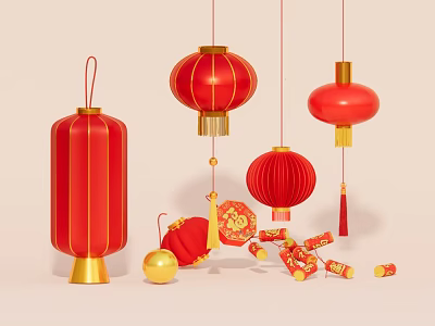 Chinese Traditional Festive Ornament Decoration Set with Red Lanterns Golden Tassels and Fu Characters 3d model