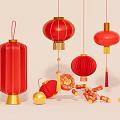 Chinese Traditional Festive Ornament Decoration Set with Red Lanterns Golden Tassels and Fu Characters