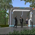 People Gathered At Modern Outdoor Tech Archway With Greenery And Trees