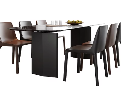 Modern Black Dining Table Set With Leather Chairs Glassware And Fruit Platter 3d model
