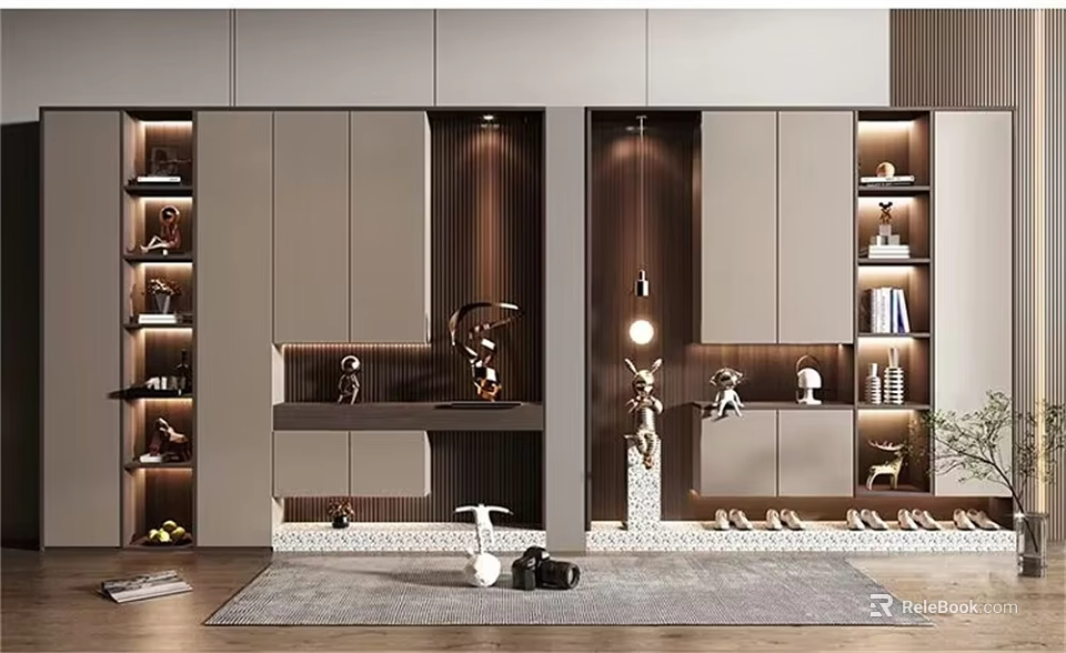 Modern Built in Shoe Cabinet with Sleek Design Lighting and Decorative Storage Elements 3d model 