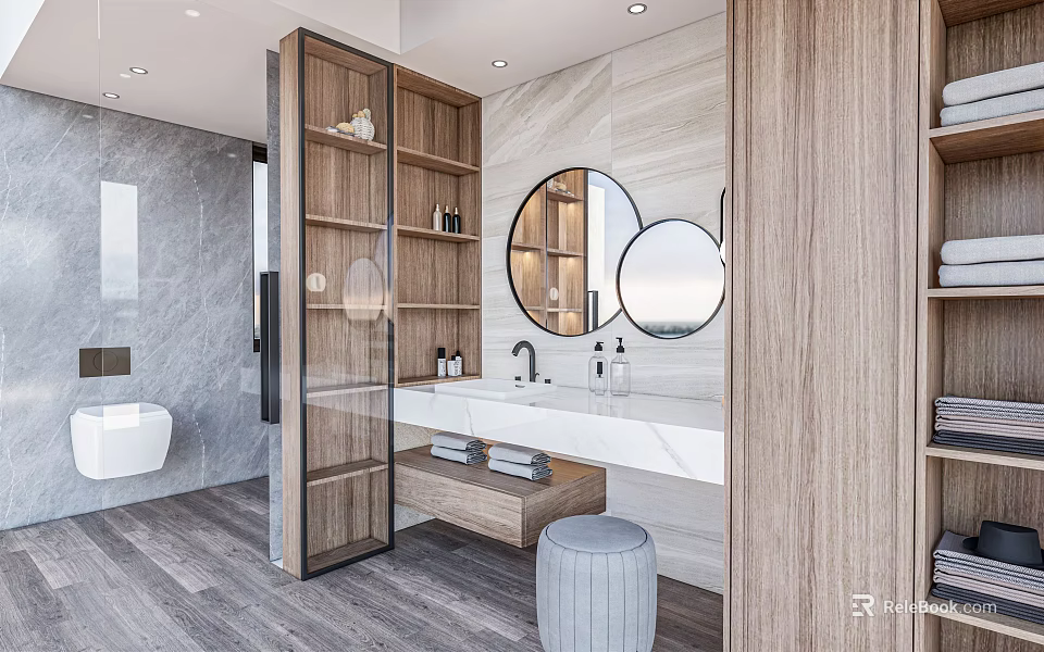 Modern Bathroom Interior Design With Open Wooden Shelves Round Mirrors And Glass Door 3d model 