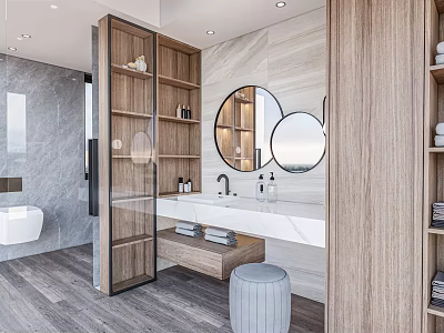 Modern Bathroom Interior Design With Open Wooden Shelves Round Mirrors And Glass Door 3d model
