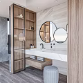 Modern Bathroom Interior Design With Open Wooden Shelves Round Mirrors And Glass Door