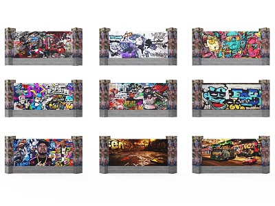 Colorful Urban Wall Featuring Creative Graffiti Art and Vibrant Street Murals 3d model