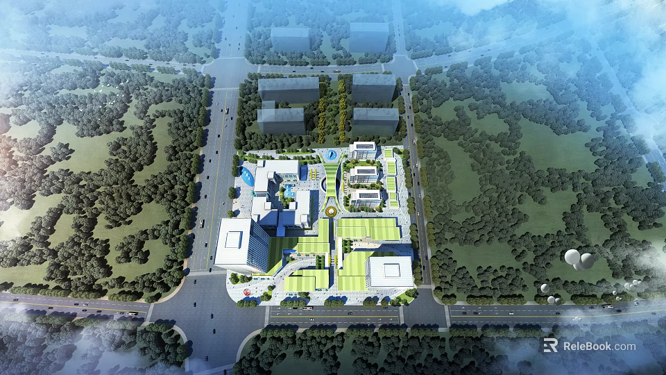 Aerial View Planning of Urban Complex with Buildings Green Spaces and Roads 3d model 