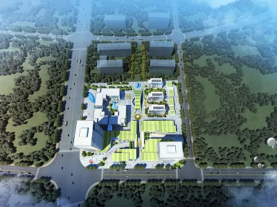 Aerial View Planning of Urban Complex with Buildings Green Spaces and Roads 3d model