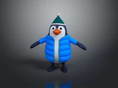 Cartoon Penguin 3D Model Wearing Green Hat And Blue Puffer Jacket Standing 3d model