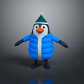 Cartoon Penguin 3D Model Wearing Green Hat And Blue Puffer Jacket Standing