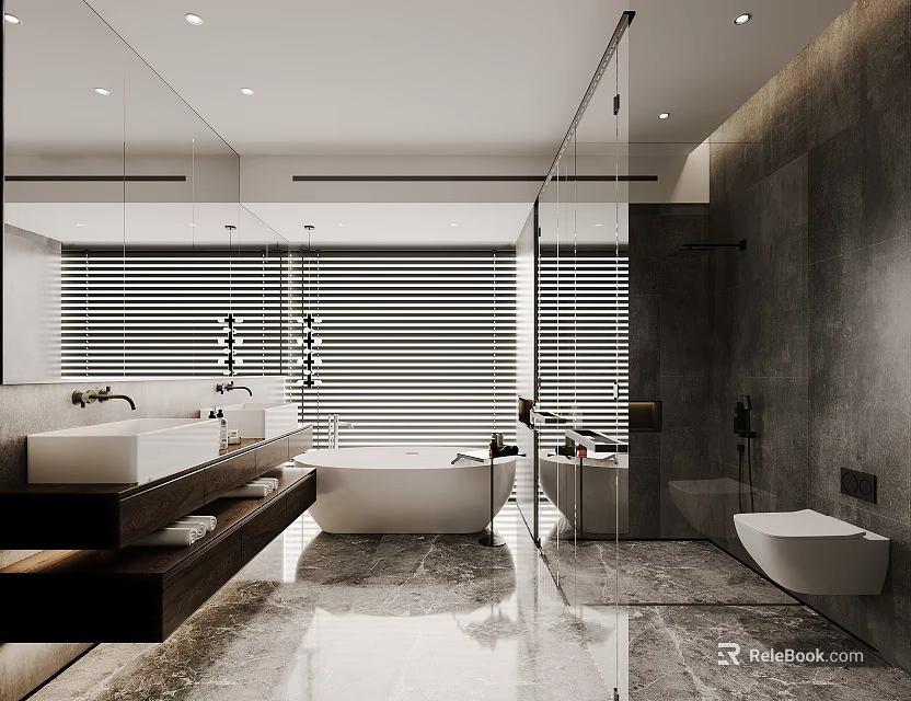 Elegant Modern Bathroom Interior Design With Freestanding Bathtub And Glass Shower Enclosure 3d model 