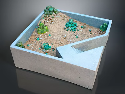 Square Concrete Planter Featuring Mini Cactus Garden with Sand and Pebbles 3d model