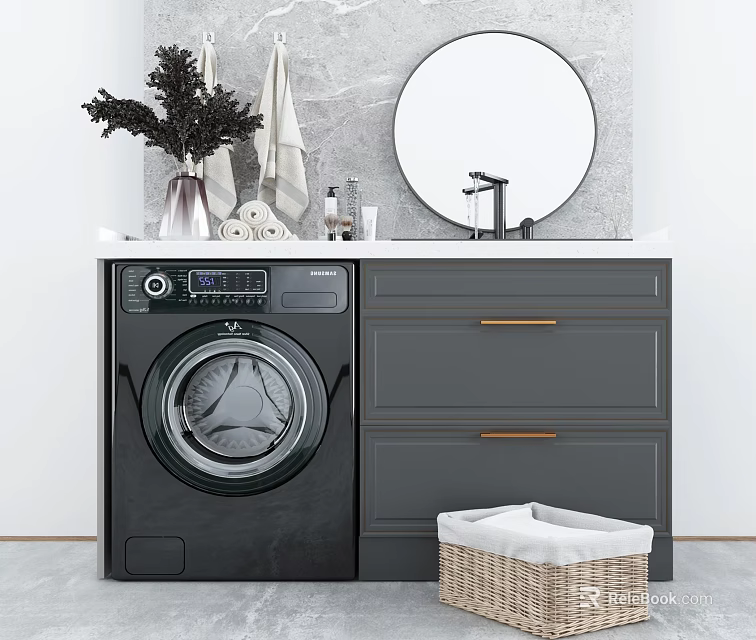 Elegant Gray Bathroom Cabinet Rack With Washing Machine Drawers Round Mirror And Towel 3d model 