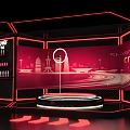 Neon Light Exhibition Display With City Silhouette Icons Red Arrows And Platform