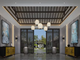 New Chinese Style Lobby Hotel Lobby Decorative Cabinet Wall Lamp Chandelier 3d model