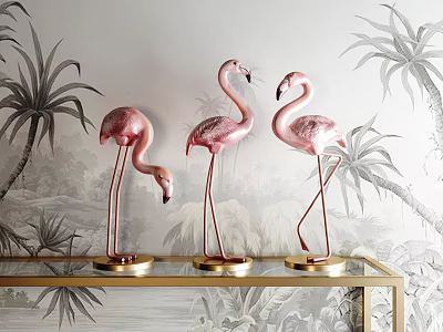 Decorative Ornament Set with Three Pink Flamingos on Gold Bases Glass Shelf Palm Leaf Background 3d model