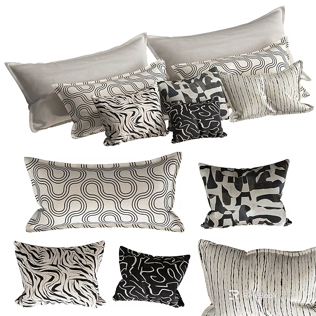 Black and White Decorative Throw Pillows with Circular Motifs Striped Patterns and Geometric Designs 3d model 