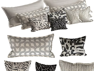 Black and White Decorative Throw Pillows with Circular Motifs Striped Patterns and Geometric Designs 3d model