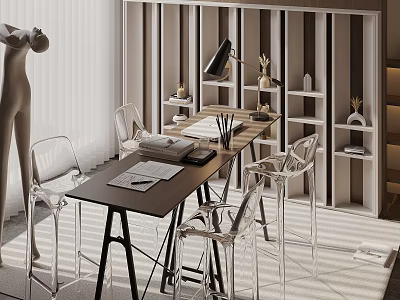 Modern Desk Interior With Transparent Chairs Bookshelf Table Lamp And Newspaper 3d model