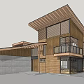 Modern Single Family Villa With Large Glass Windows Wooden Structure And Green Lawn