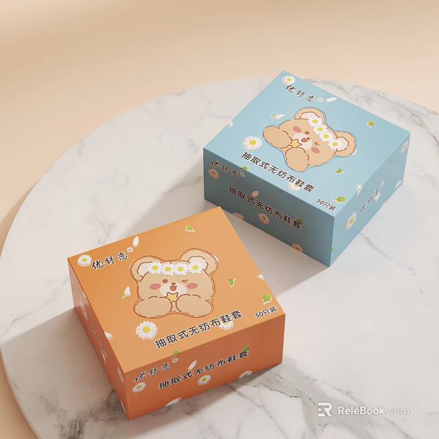 Cute Decorative Boxes With Bear Design Flower Decorations In Blue And Orange 3d model 