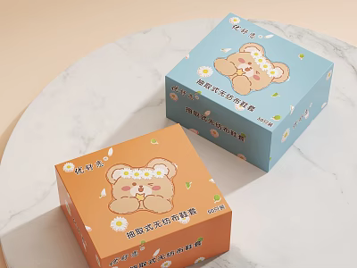 Cute Decorative Boxes With Bear Design Flower Decorations In Blue And Orange 3d model