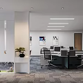 Modern Public Office Space Interior With Open Workstations Computers Office Chairs Greenery And Wall Art 3d model