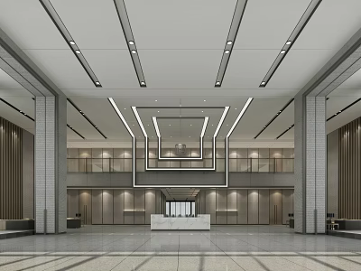 Modern Lobby Reception Desk Design With Spacious Interior Ceiling Lighting And Marble Columns 3d model