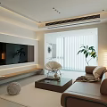 Modern Living Room Interior Design With Beige Sofa TV Wall And Green Plant