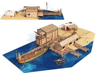 Beautiful Coastal Landscape With Wooden Houses Dock And Boats On Blue Water 3d model