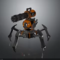 Spider Shaped Mechanical Weapon With Orange Silver Body And Rotating Cannon Barrel