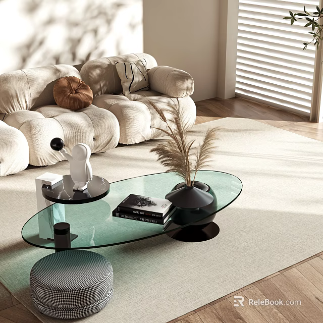 Light Beige Sofa and Glass Coffee Table Set with Decorative Items and Natural Light 3d model 