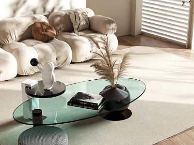 Light Beige Sofa and Glass Coffee Table Set with Decorative Items and Natural Light 3d model