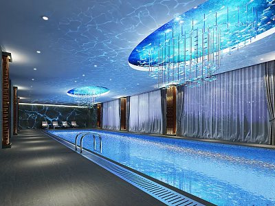 Elegant Indoor Swimming Pool With Blue Water Ripple Ceiling Hanging Lights And Curtains 3d model