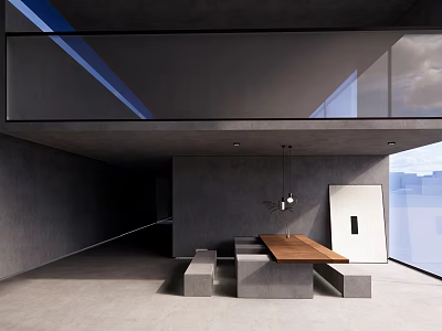 Modern Minimalist Lounge Area With Gray Walls Large Windows Wooden Tabletop And Stone Seats 3d model