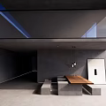 Modern Minimalist Lounge Area With Gray Walls Large Windows Wooden Tabletop And Stone Seats