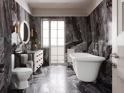 Luxurious Bathroom Interior Design With Marble Walls Round Mirror Brass Fixtures And White Bathtub 3d model