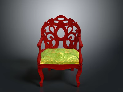 Red Carved Armchair With Yellow Cushion And Ornate Backrest Design 3d model