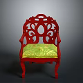 Red Carved Armchair With Yellow Cushion And Ornate Backrest Design