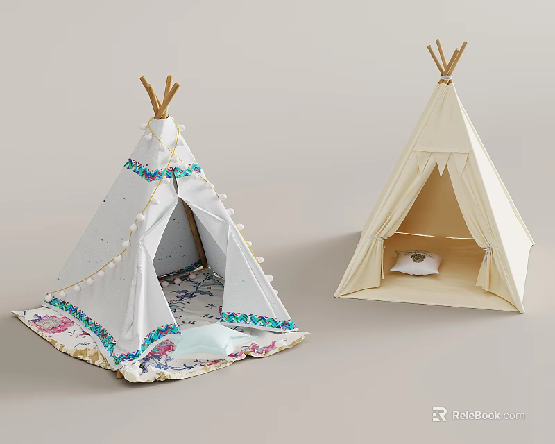 Kids Teepee Tents With Decorative Tassels Colored Trim Patterned Mat And Small Pillow 3d model 