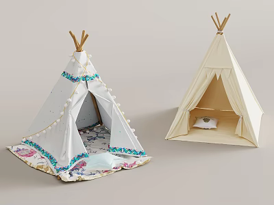 Kids Teepee Tents With Decorative Tassels Colored Trim Patterned Mat And Small Pillow 3d model