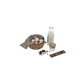 Fresh Eggs In Wicker Basket Milk Bottle Coffee Cup And Beans
