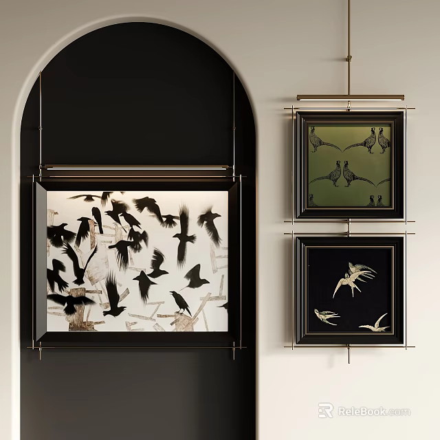Artistic Abstract Paintings With Flying Birds On Black And Green Backgrounds In Hanging Frames 3d model 